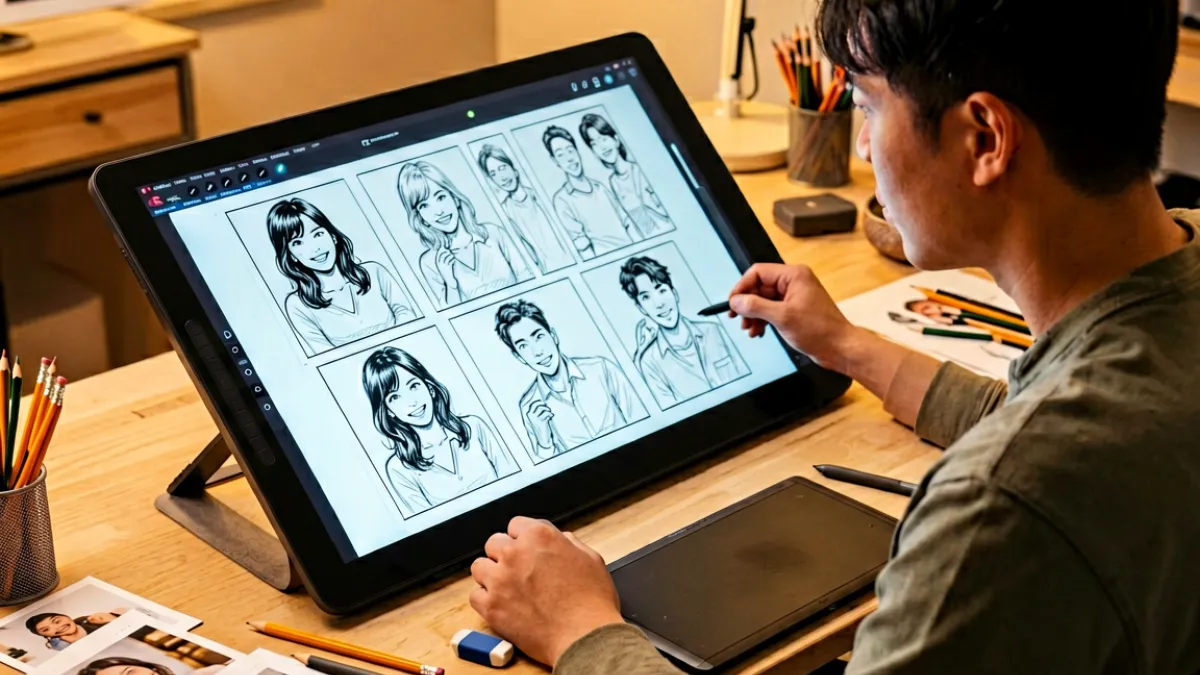 一位创作者坐在数位板前，屏幕上显示成人漫画分镜草图，桌面散落着参考图与画笔工具