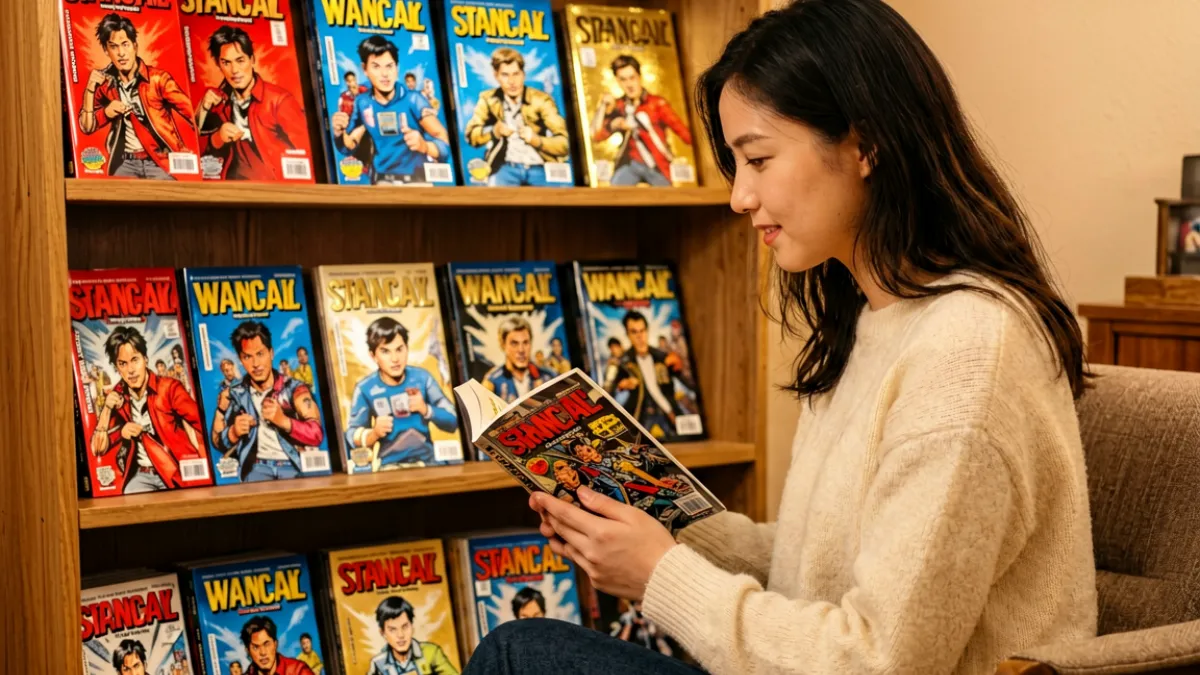 一位读者坐在书架前浏览各类漫画专辑封面，书架上整齐排列着不同颜色和风格的成人漫画作品集，光线温暖柔和，画面呈现出安静阅读的氛围