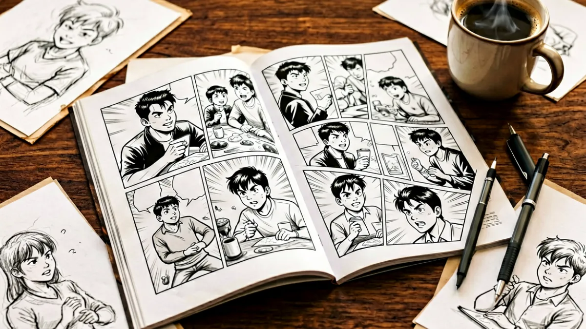 一本摊开的成人漫画作品集平铺在深色木质桌面上，旁边放着一杯咖啡和一支绘图笔，画面色调偏暖，突出创作者的工作场景