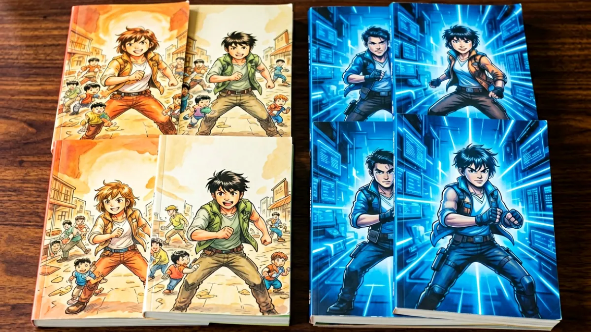多种成人漫画风格封面并列摆放于深色书桌上方，左侧是手绘情节点缀，右侧是科技感的蓝色光效，整体呈现成人漫画类型丰富的视觉印象